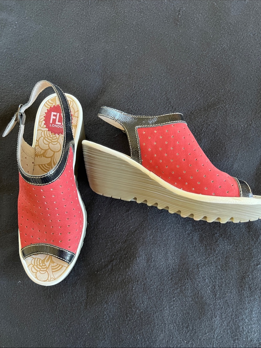 FLY London Red and Black Open-Toe Wedge Sandals